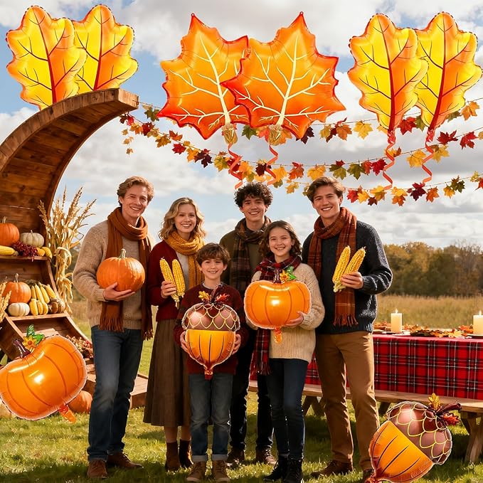 Pensar 10Pcs Orange Brown Fall Thanksgiving Balloons Pumpkin Maple Leaf Pine Cones Balloons for Thanksgiving Party Decorations, Baby Shower Decor Supplies