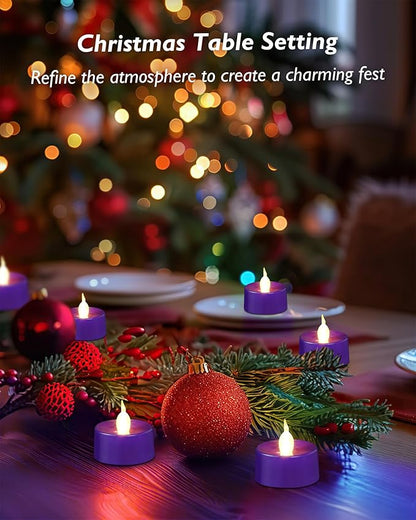 Purple LED Candles, 24 Pack Tea Lights Candles Battery Operated, Flameless Tealight Candle, Realistic Tea Lights for Halloween Christmas Party Decor Mardi Gras