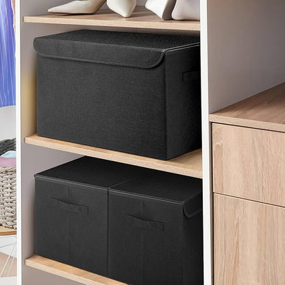Large 42 Quarts Fabric Storage Bins with Lids [2-Pack] Linen Collapsible Foldable Storage Cubes, Closet Organizer Containers boxes with Handles for Home Office (16.7 x 12 x 12, Black)