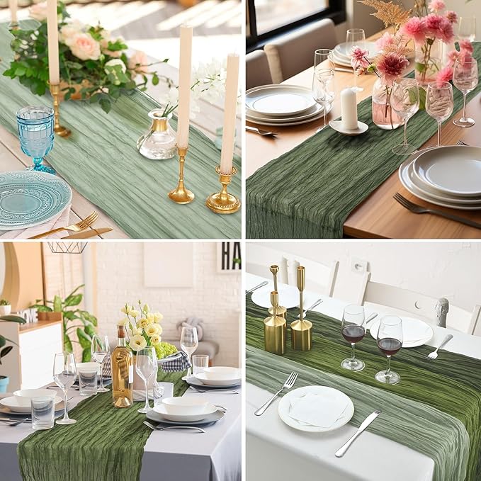 6 Pcs Cheesecloth Table Runner 10ft Boho Rustic Gauze Cheese Cloth Table Runner for Wedding Birthday Baby Shower Party Feasts Ceremony Summer(Sage Green, Moss Green, Olive Green)