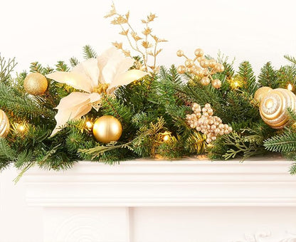 Pre-lit 9ft Christmas Garland with Gold Berries and Balls,Pine Cone,Golden Flower and 50 Battery Operated Soft White LED Lights with Timer,Artificial Holiday Decoration Door Outdoor