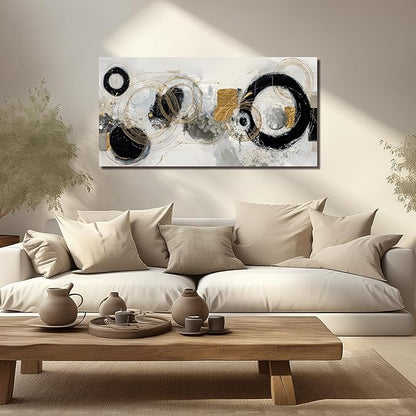 Abstract Circle Canvas Wall Art for Office Modern Wall Decor for Dining Room Black White Gold Pictures Wall Art for Bedroom Size 24 x 48 Inch