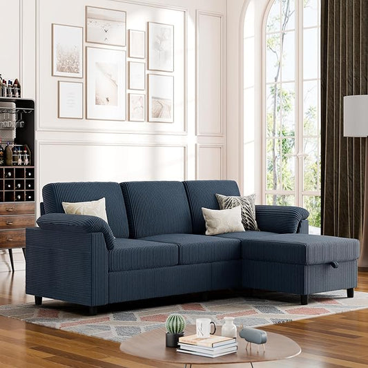 Vongrasig Convertible Sectional Sofa Couch, 3 Seat L Shaped Sofa with Removable Pillows Soft Corduroy Fabric Small Couch Mid Century for Living Room, Apartment and Office (Blue)