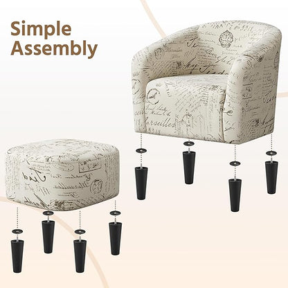 Yaheetech Accent Chair with Foot Rest, Mid Century Modern Upholstered Soft Barrel Chair, Comfy Fabric Armchair and Footrest Set for Living Room/Bedroom/Reading Room, Set of 2 Letter Print