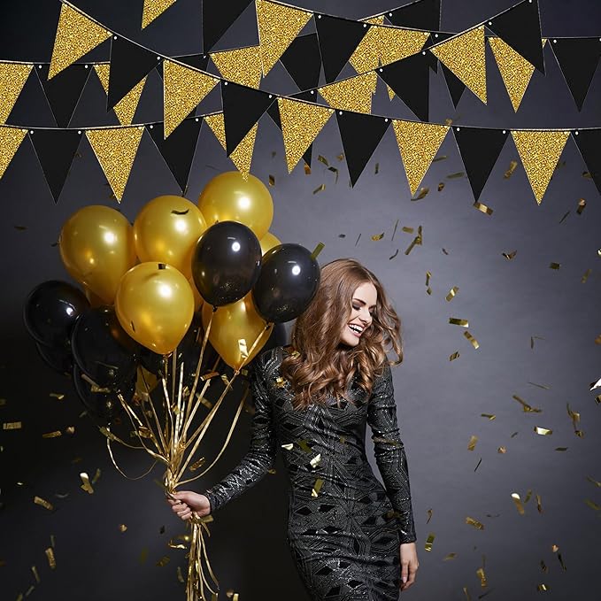 4Pcs Black Gold Glitter Triangle Flag, New Year 2026 Birthday Christmas Graduation Party Decor Banner, Black Gold Pennant Banner Paper Bunting Hanging Decor for New Year Holiday Party Supplies