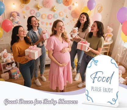Food Please Enjoy Sign - Blue Bow Baby Shower Sign, 1 Pack Arch Acrylic Sign with Stand, Gender Reveal Party Table Decor, Blue Baby Shower Supplies (SP11)