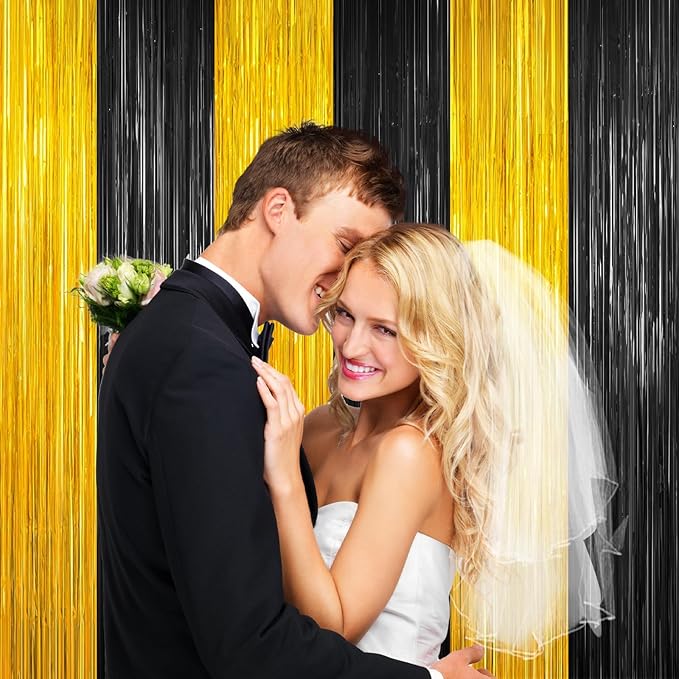 Black and Gold Tinsel Backdrop Foil Fringe Curtains - 2 Packs Door Streamers Backdrop for Birthday Door Decorations, Party Supplies for Bachelorette, Graduation, Christmas, Disco Decor