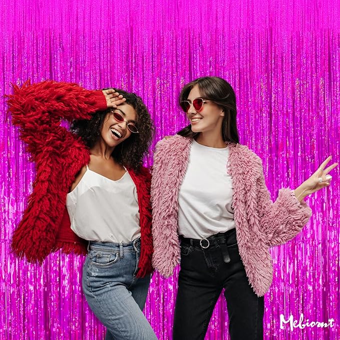 4 Pack 3.2Ft x 8.2Ft Fuchsia Fringe Curtain Backdrop, Sparkle Metallic Tinsel Foil Fringe Streamers Background for Photo Booth Birthday Wedding Baby Shower Halloween Christmas Party Decorations