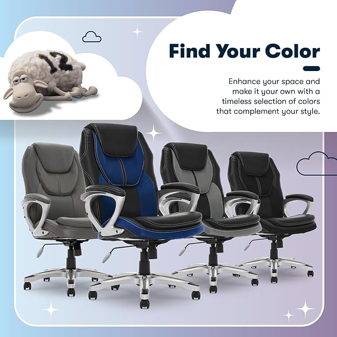 Serta Amplify Executive Office Chair with Faux Leather and Mesh, Adjustable Ergonomic Comfy Seat with Lumbar Support, Modern Computer DeskChairs, Swivel Rolling Wheels, Blue