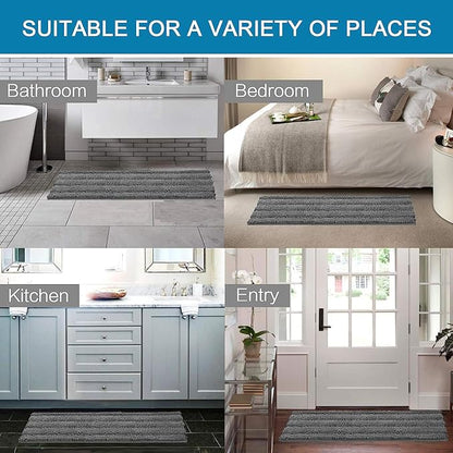 H.VERSAILTEX 2 Piece Bathroom Set - Super Absorbent Chenille Striped Bath Mats - Non Skid, Machine Washable - Grey, 47 x 17 Plus 17 x 24 - Inches