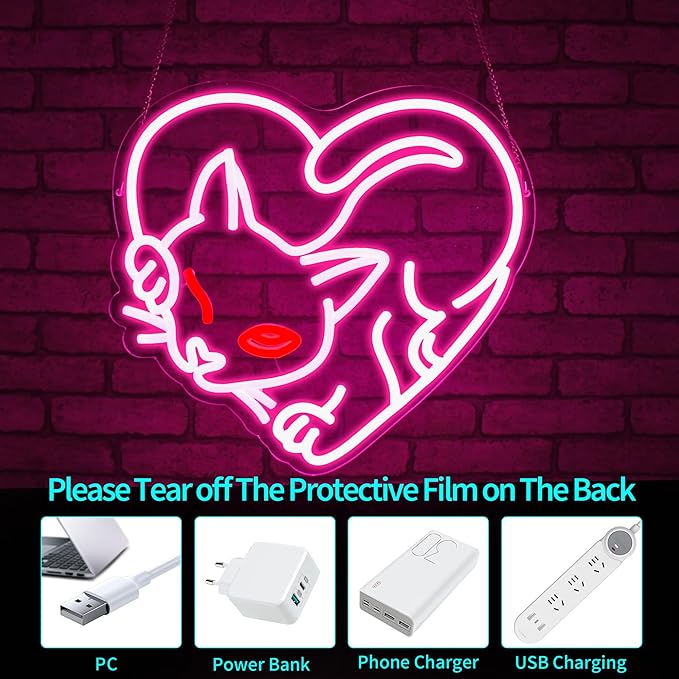 Cat Neon Sign, JGHTURIE Pink Neon Signs for Wall Decor Cute Animal Light Up Signs Preppy Game Party Bar Led Sign for Man Cave Kids Room Decor USB Powered