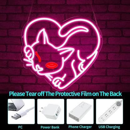 Cat Neon Sign, JGHTURIE Pink Neon Signs for Wall Decor Cute Animal Light Up Signs Preppy Game Party Bar Led Sign for Man Cave Kids Room Decor USB Powered