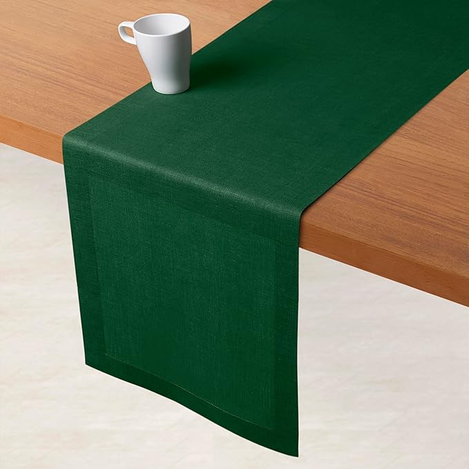 D'Moksha Homes Linen Forest Green Table Runner 90 Inches Long - 100% Pure Linen 14 x 90 Inch Table Runner for Dining, Fall, Thanksgiving, Christmas, Holiday - Machine Washable
