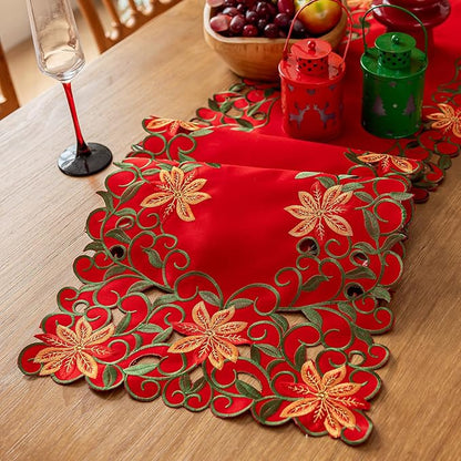 Joyfol Day Christmas Red Flowers Table Runner 14 x 86 Inch, Cutwork Embroidered Florals Table Runners, for Xmas Holiday Winter Festival Kitchen Dining Tabletop Decoration