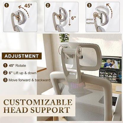 GABRYLLY Ergonomic Office Chair, High Back Home Desk Chair with Flip-Up Arms, Headrest, 90-120° Tilt and Wide Cushion, 300LBS White Mesh Chair for Work Gaming Study (GY01-NT, Woodgrain Pattern)