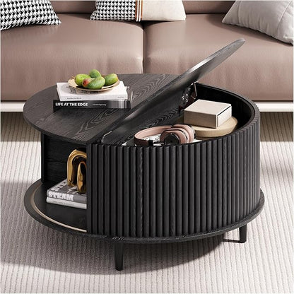 Black Round Coffee Table with Storage, 31.5" Fluted Center Table with Sliding Door, Modern Circle Drum Accent Table for Living Room, Sleek Wood Furniture for Small Spaces & Apartments