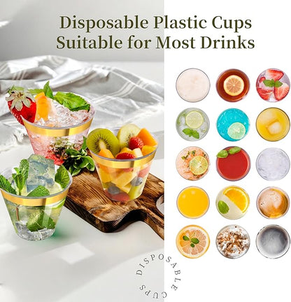 100Counts 9 OZ. Disposable Cups Old fashioned Party Tumblers, 9 Ounce Squat Cups Gold Rimmed Hard Plastic Party Wedding Cups with Gold Rim