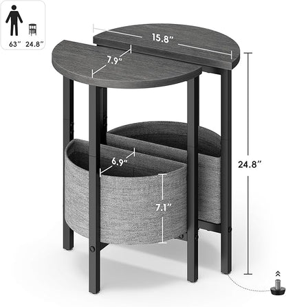 Vagusicc Small Round Side Table End Table, Tall Accent Table with Storage Basket, Set of 2 Half Round Table Half Moon Tables, Coffee Bedside Table Modern Nightstand for Living Room Bedroom Gray Walnut