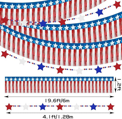 4th of July Decorations 2 Packs 39FT Patriotic Foil Fringe Garland,1 Pack 4.2FT Wooden Bead Garland, Red White Blue Patriotic Metallic Tinsel American Flag Banner of Halloween Party Independence Day
