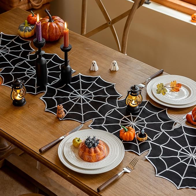 Joyfol Day Halloween Table Runner 14 x 59 Inch, Embroidered Spider Web Table Runners, Black Fireplace Mantel Scarf, Halloween Table Decorations for Parties Gothic Scary Nights