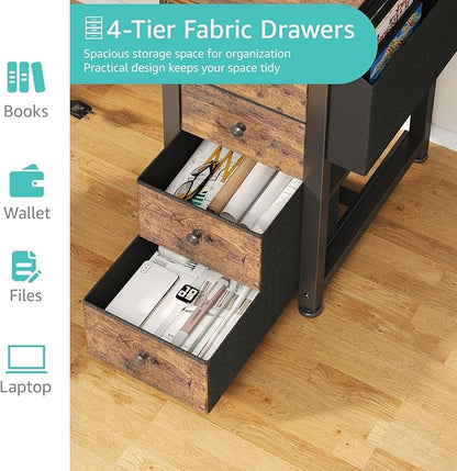 Lufeiya L Shaped Computer Desk with Drawers & Storage Shelves, 55 Inch Corner Desk with Power Outlet for Home Office Bedroom, L-Shaped Teen PC Gaming Desks with Fabric Drawer, Rustic Brown