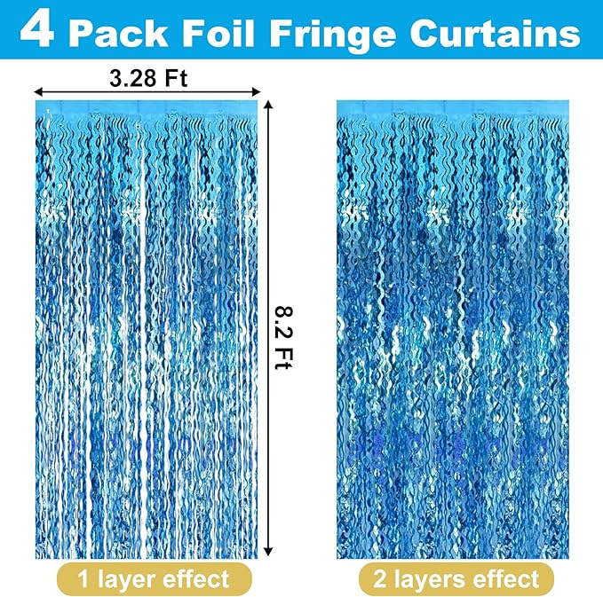 4 Pack Lake Blue Fringe Curtain Backdrop 3.2Ft x 8.2Ft Metallic Tinsel Foil Fringe Streamers Background for Photo Booth Mother's Day, Easter, Carnival, Birthday, Wedding Party Decoration