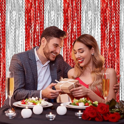 4 Pack Red Silver Fringe Curtain Backdrop 3.2Ft x 8.2Ft Metallic Tinsel Foil Fringe Streamers Background for Photo Booth Mother's Day, Easter, Carnival, Birthday, Wedding Party Decoration