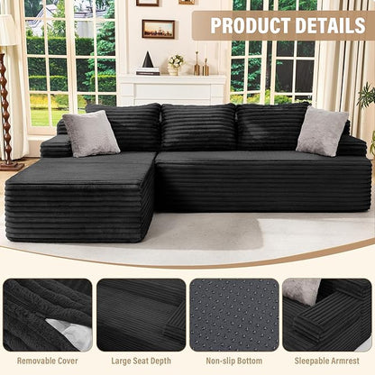 Hobestluk Modular Sectional Sofa Couches L-Shape Couch 3 Seat Modular Sofa Memory Foam Sectional Couches for Living Room, Cloud Couch with Oversized Chaise (96“, Left Facing)