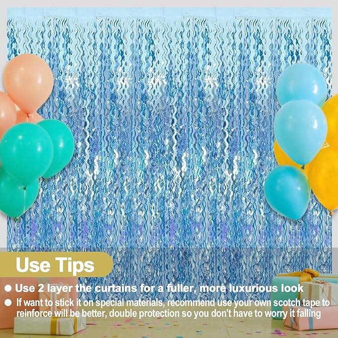 4 Pack Light Blue Fringe Curtain Backdrop 3.2Ft x 8.2Ft Metallic Tinsel Foil Fringe Streamers Background for Photo Booth Mother's Day, Easter, Carnival, Birthday, Wedding Party Decoration