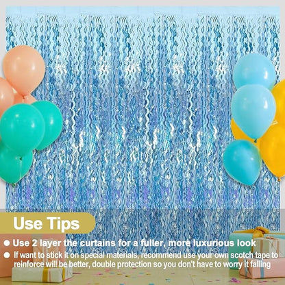 4 Pack Light Blue Fringe Curtain Backdrop 3.2Ft x 8.2Ft Metallic Tinsel Foil Fringe Streamers Background for Photo Booth Mother's Day, Easter, Carnival, Birthday, Wedding Party Decoration