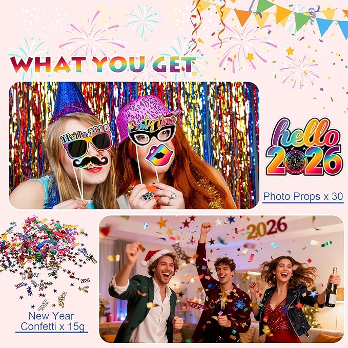 2026 New Years Eve Party Supplies Kit - 102 Pieces Colorful New Years Party Favors Set with Headbands, Hats, Photo Props, Noise Makers, Confetti & More for Happy New Year Decorations