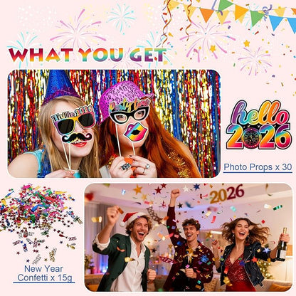 2026 New Years Eve Party Supplies Kit - 102 Pieces Colorful New Years Party Favors Set with Headbands, Hats, Photo Props, Noise Makers, Confetti & More for Happy New Year Decorations