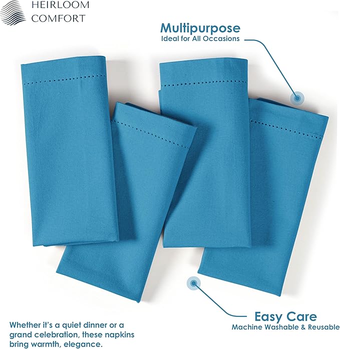 Turquoise Blue Cloth Napkins 18x18 Inches, 6 Pack - Soft, Absorbent, Reusable, Washable Cotton - Hemstitch Mitered Edges - Perfect for Summer, Beach Parties, Outdoor Dining, Events