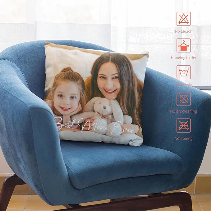 Easycosy Custom Pillow with Picture & Text, Two-Sides Velvet Customized Photo Pillowcase, 18"x18" Personalized Pillow Cover with Photo, Custom Gifts for Mother's Day (Optional Pillow Insert)