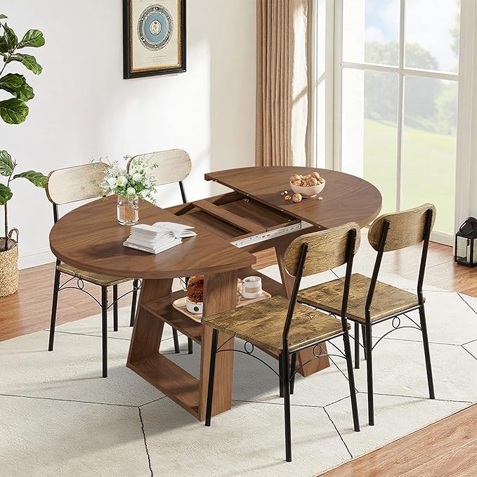 43.3in-59in Extendable Round Dining Table for 4-8, Modern Kitchen Oval Dining Table with Removable Leaves Space Saving, Wood Base with Storage Shelf for Kitchen Living Room, Walnut Style 2