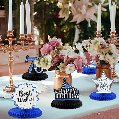 Happy 70th Birthday Decorations,70th Bday Blue Glitter Shiny Stand Honeycomb Table Centerpieces - Cheers to Seventy Years Old Birthday Party Photoprop Gift Sign.