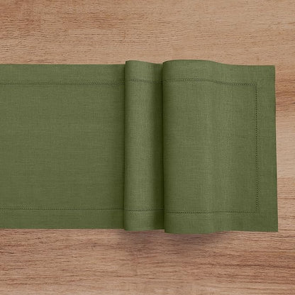 Solino Home Linen Olive Table Runner 108 Inches Long - 100% Pure Linen 14 x 108 Inch Table Runner for Fall, Autumn, Thanksgiving, Christmas - Classic Hemstitch