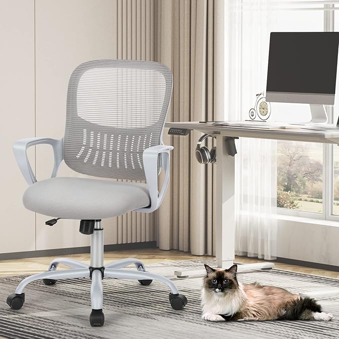 Sweetcrispy Ergonomic Mid-Back Mesh Home Office Desk Chair with Wheels, Lumbar Support, and Comfortable Armrests for Home, Bedroom, Study, Office