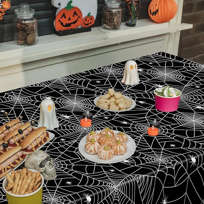 QZYL 3 PCS Halloween Table Cloths, 54" x 108" Spider Web Table Cloth, Black Disposable Tablecloth Plastic Tablecover, Spider Webs Halloween Decorations Party Supplies Tableware Decor