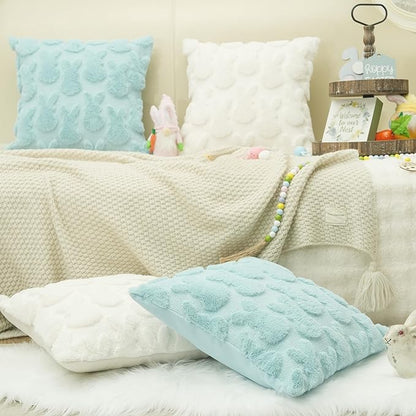 GEEORY Easter Bunny Soft Plush Pillow Covers, 18 x 18 Inch Set of 2, Fluffy Faux Fur Wool Decorative Farmhouse Cushion Case for Sofa Home Decoration Blue GC014-18
