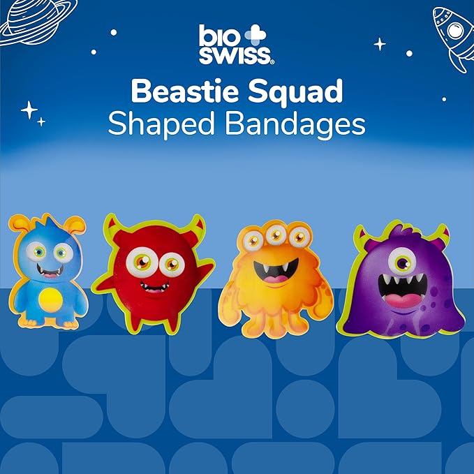 BioSwiss Kids Bandages, Beastie Squad Shaped Self Adhesive Bandage Set, Latex Free, Sterile Wound Care, 50 Count