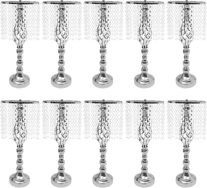 Wedding Centerpieces Gold Vases,10PCS Metal Flower Candle Holder with Sparkling Crystal Beads,Crystal Flower Vase Metal Flowers Stand for Party Tables Decorations (Sliver-10PCS-14CM)