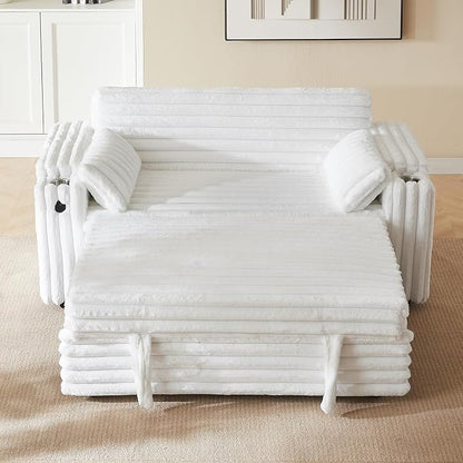 68" Corduroy Convertible Sofa Bed with USB, Storage Armrests & Pillows – 3-in-1 Foldable Sleeper Chair Floor Couch for Living Room, Bedroom, Guest Room (ZY-1109-White)