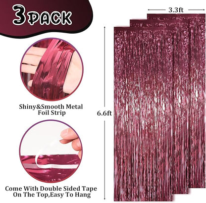 3 Pack 3.3 x 6.6 ft Burgundy Foil Fringe Backdrop Curtains, Tinsel Streamers Party Decorations, Fringe Backdrop for Birthday, Baby Shower, Gender Reveal, Graduation