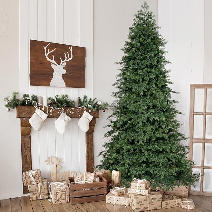 GOFLAME 7.5FT Artificial Christmas Tree, Hinged Xmas Spruce Tree with 1019 Branch Tips, Foldable Metal Stand, Seasonal Holiday Decoration Tree for Home Office Party