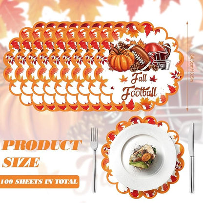 100 Pcs Thanksgiving Fall Paper Placemats Disposable Scalloped Fall Football Paper Placemats Autumn Football Maple Leaf Placemat Harvest Table Mats for Autumn Party Home Kitchen Dining Table Decor