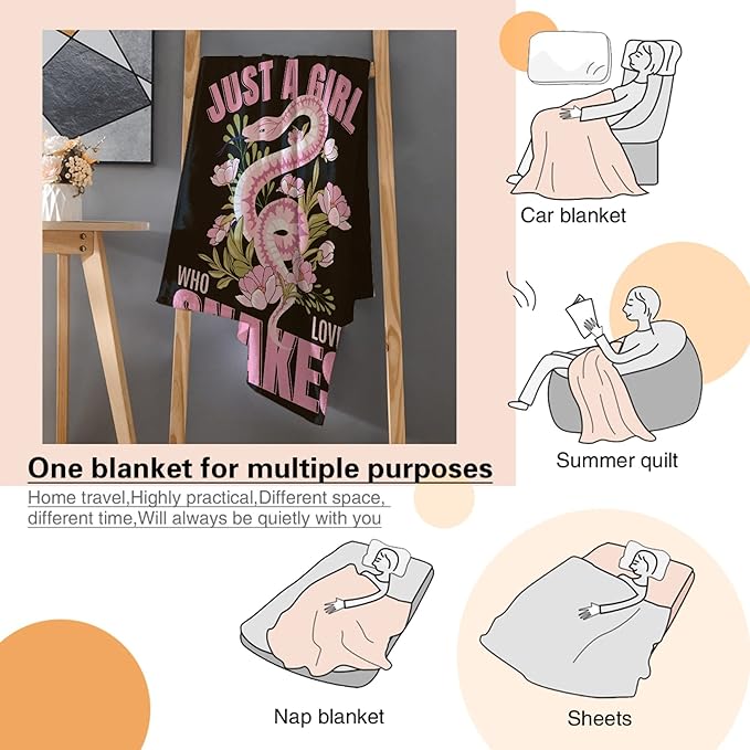 Just A Girl Loves Snakes Blanket Lightweight Cozy Flannel Fleece Throw Blanket Best Gift Home Decor for Bed Couch Outdoor Camping 60"x50" M for Teens