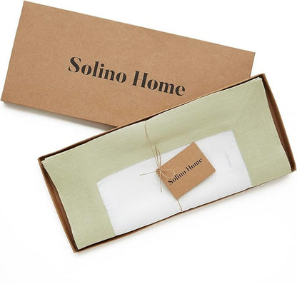 Solino Home Linen Table Runner 48 Inches - 100% Pure Linen Sage Green and White Table Runner 14 x 48 Inch Ideal for Dresser and Coffee Tables - Fall, Autumn, Christmas, Winter, New Year - Contempo