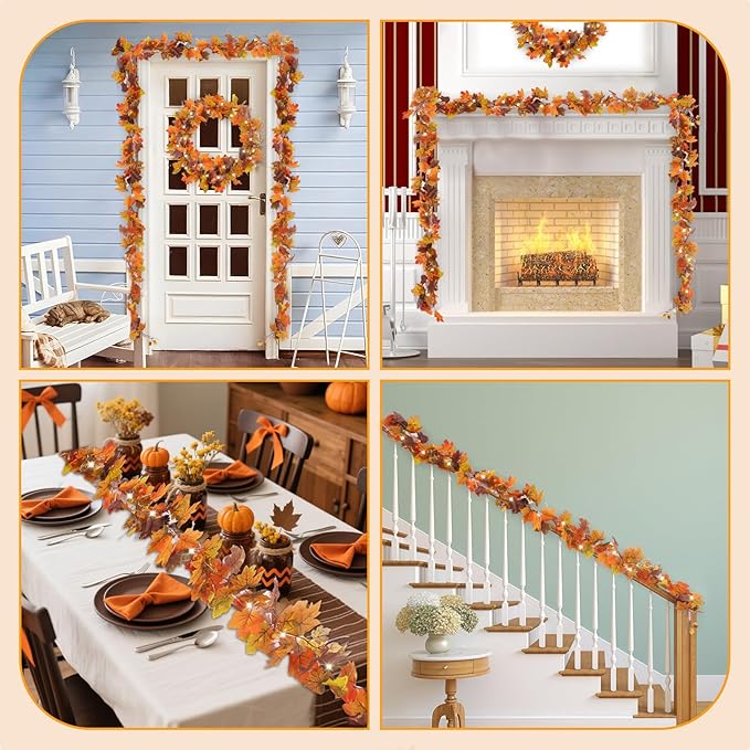 6FT Fall Decor, Fall Garland with Lights for Mantle, Fall Decorations for Home, Realistic Fall Leaves Garland with Pine Berries Cone for Outdoor Indoor Porch Table Fireplace Thanksgiving Decorations