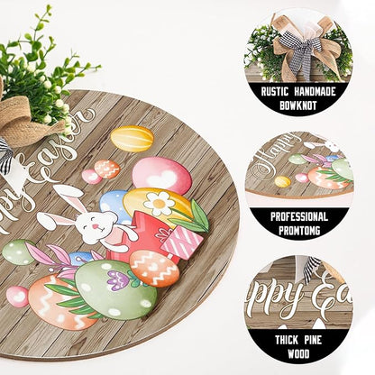 Harooni Happy Easter Wreaths for Front Door Easter Eggs Wooden Hanging Sign Cute Bunny Door Hanger Sign Rustic Easter Decorations with Bow for Home Front Porch Yard Window Wall Farmhouse 12x12 Inch